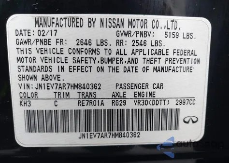 2017 Infiniti Q50 3.0T Signature Edition from USA, damaged, VIN JN1EV7AR7HM840362